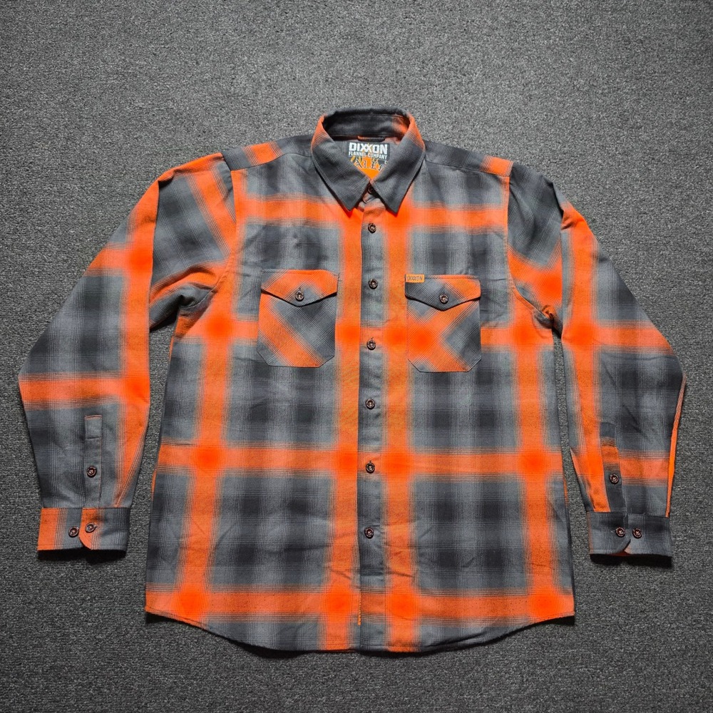Dixxon Flannel Company Salem Shirt Orange Grey Mens Large Plaid D-Tech Button Up